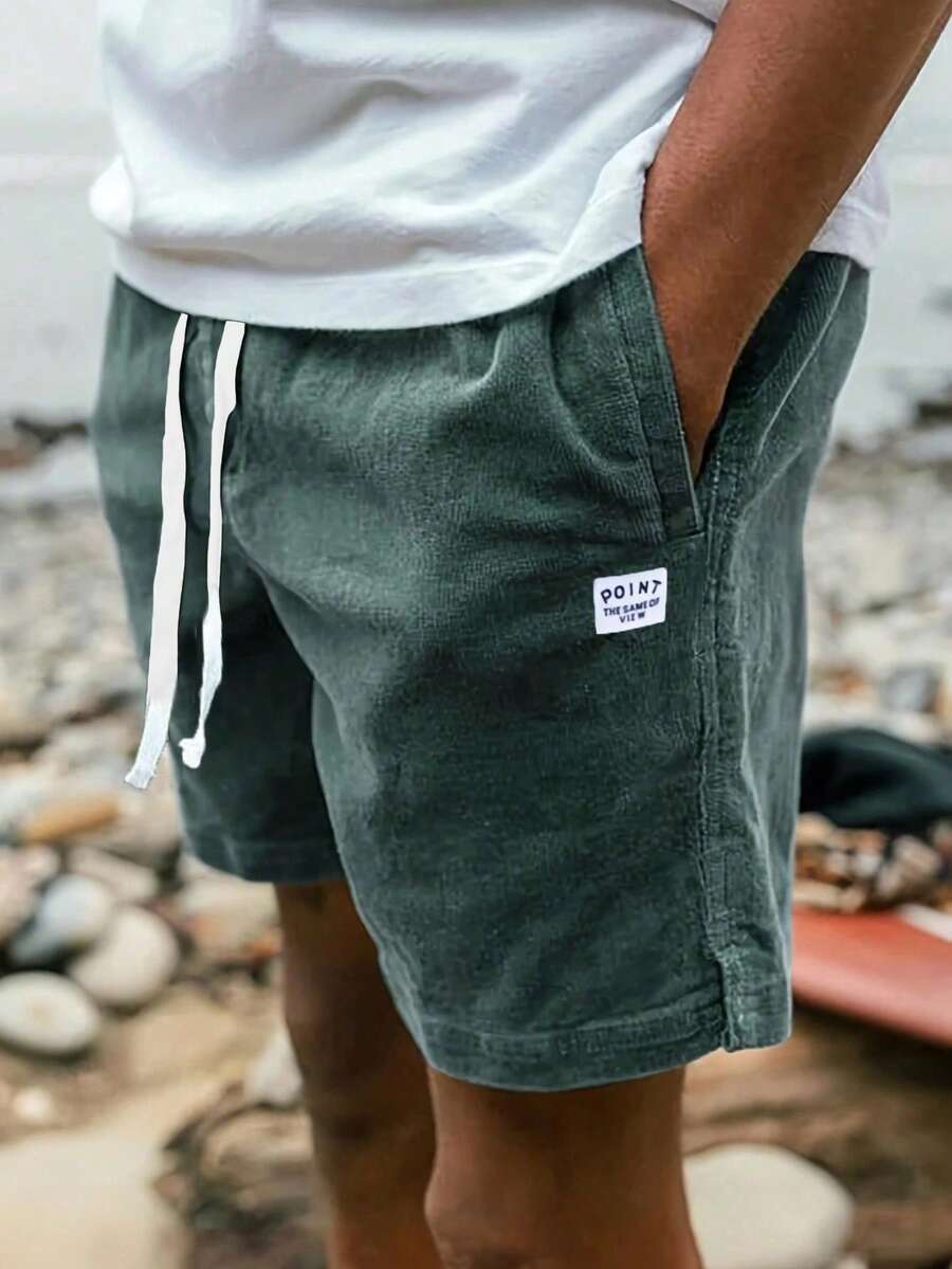 Lightweight Corduroy Polyester Fabric Casual Loose Solid Color Summer Men's Drawstring Shorts, Suitable For Outdoor & Commuting