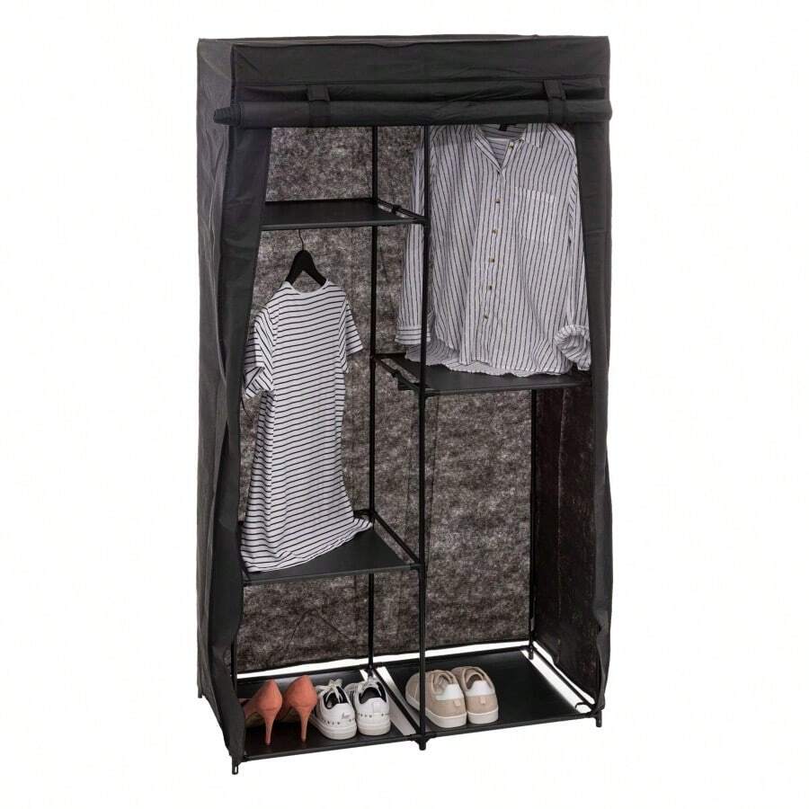 Miroytengo Armario Modular, Mueble Auxiliar de Tela Dormitorio Negro Baldas y Barra 169x88 cm Organización y Almacenamiento con Estructura Metálica, Textil Resistente, Montaje Incluido, Instrucciones y Tornillería. - Negro - Ver 1
