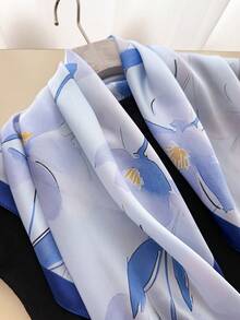 1件女款夏季花卉印花繫帶方巾，仿絲材質，適用於海灘髮飾、手提包裝飾、頭巾、度假旅行場合配件 - 藏青色 - 查看 4