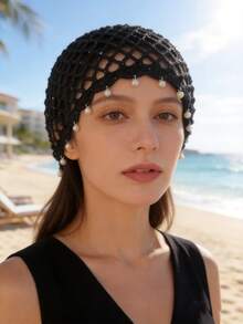 1pc Women's Cute Casual Style Fashion Hollow Breathable Handmade Woven Rhombus Pearl Decor Knitted Bucket Hat For Travel, Beach, Vacation, Photos, Daily Wear - Pearl - View 2