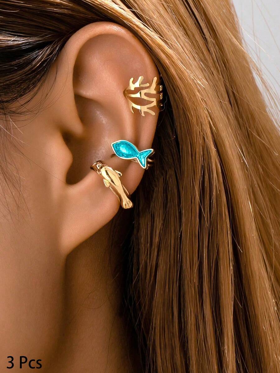 3pcs/Set Summer Ocean Theme Women's Coral Fish & Dolphin Earrings Set - Vacation Style Bohemian Jewelry - Multicolor - View 1
