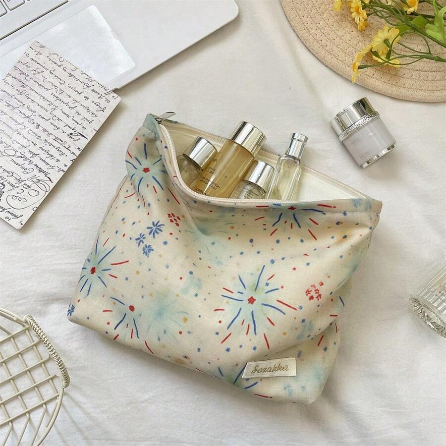 Beige Fireworks Drawstring Pouch, Skincare Travel Organizer Bag, Jewelry & Earphone Storage Bag, Lipstick Makeup Pouch - Multicolor - View 1