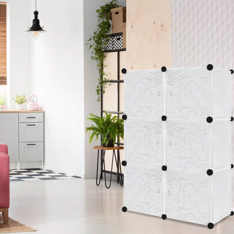 Système d'étagères de garde-robe DIY avec porte-chaussures et barre à vêtements, garde-robe modulaire combinée, système d'étagères emboîtables gain de place, étagère portable pliable, 6 cubes, blanc - Voir 1