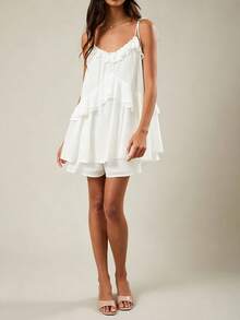 Womens Summer Romper Dress Chiffon Spaghetti Strap Sleeveless Ruffle Tiered Short Jumpsuits Beach Vacation Rompers - White - View 6