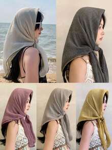 1pc/2pcs Solid Color Stitching Design Square Scarf 85cm, Lightweight Style, Suitable For Daily Use As Sun Protection Shawl, Headscarf Or Fashion Accessory, Also A Great Gift For Friends And Family; Can Be Used As Casual Headband Or Soft Headscarf/Veil To Match Robes. - Monochrome - View 1