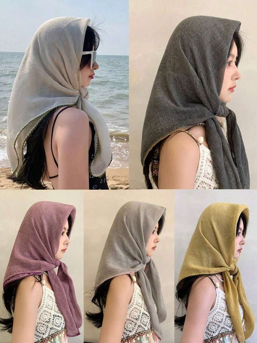 1pc/2pcs Solid Color Stitching Design Square Scarf 85cm, Lightweight Style, Suitable For Daily Use As Sun Protection Shawl, Headscarf Or Fashion Accessory, Also A Great Gift For Friends And Family; Can Be Used As Casual Headband Or Soft Headscarf/Veil To Match Robes. - Monochrome - View 1