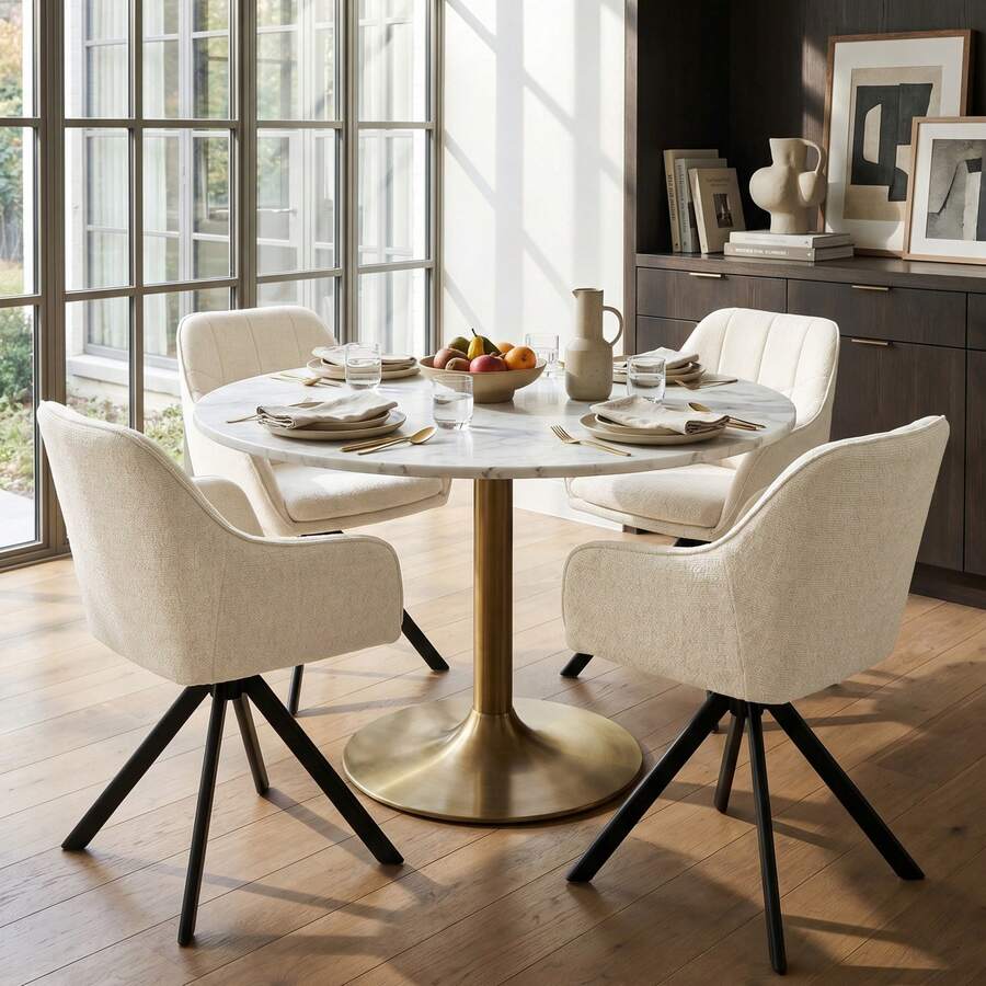 Goeurvant Modern Grid-Stitched Upholstered 360° Swivel Dining Chairs With Armrests And Removable Cushion For Dining Room, Living Room, Office - Set Of 2 / Set Of 4 / Set Of 6--Cream-Chenille