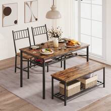 Space-Saving 4 Piece Dining Table Set With Chairs And Storage Bench – Rectangular Kitchen Table With Wine Rack – Modern Vintage Style – Sturdy Metal Frame – Ideal For Apartments And Small Spaces - A - View 3