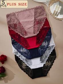 Plus Size 5pcs Floral Lace Mid Rise Panties,Sheer Lace Panties,Comfortable Plus-Size Elegant Lace Panties - Multicolor - View 2