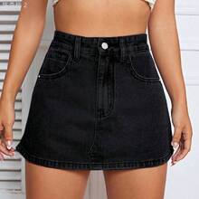 xuehuamaoyi02  ICON Falda mini de mezclilla lavada casual para mujer, verano - Azul lavado oscuro - Ver 2