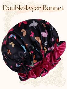 Double Layer Color Block Satin Sleep Cap Wig Cap - Black and Rose Red Large Butterfly Lace Hat - View 4