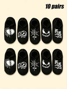 5 Pairs/10 Pairs Unisex Funny Expression Spider Web Letter Invisible Boat Socks, Suitable For Party, Travel, Vacation, Summer Outfits - Multicolor - View 13