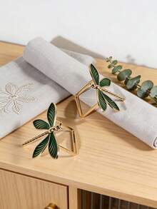 1-12pcs Zinc Alloy Square Dragonfly Napkin Rings, Green Napkin Rings, Suitable For Daily Room Decor, Table Decor, Home Decor - Multicolor - View 3