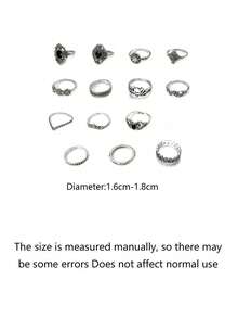 1 set de anillos apilables para mujer estilo retro europeo y americano, diseño de loto hueco, corona con incrustaciones de diamantes de imitación, gota de aceite colgante, 14 piezas - Plata antigua - Ver 5
