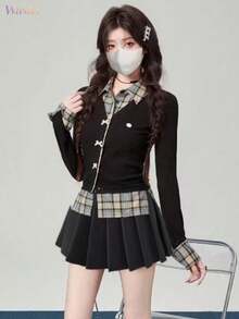 Checked Combination Top, Faux Double-Breasted, College Style, Bow Tie, Buttons, Slimming Effect, Women's. - Black - View 3