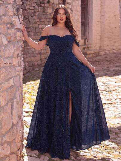 Women's Plus Size Off-Shoulder Floor-Length Evening Gown – High Slit Hem, Fitted Silhouette, Suitable For Evening Parties, Weddings And Formal Occasions