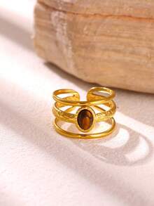 Vintage Multi-Style Brown Tiger Eye Women's Rings, Gold-Plated Stainless Steel Stacking Rings, Jewelry Gift - Yellow Gold - View 10
