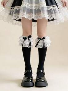 1雙女童春夏薄天鵝絨小腿襪，蕾絲飾邊蝴蝶結，Lolita甜美風，適合日常穿著 - 黑色 - 查看 1