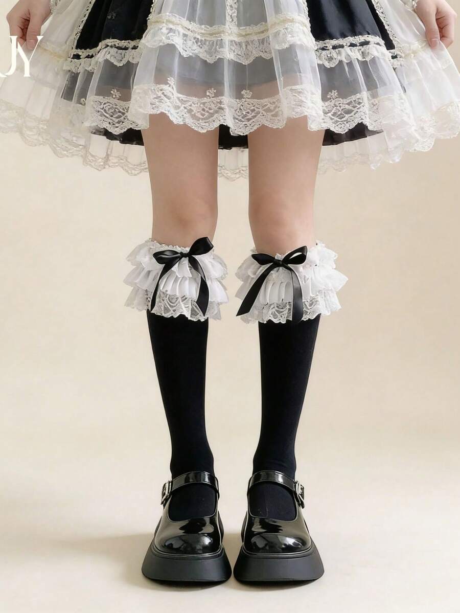 1雙女童春夏薄天鵝絨小腿襪,蕾絲飾邊蝴蝶結,Lolita甜美風,適合日常穿著 - 黑色 - 查看 1