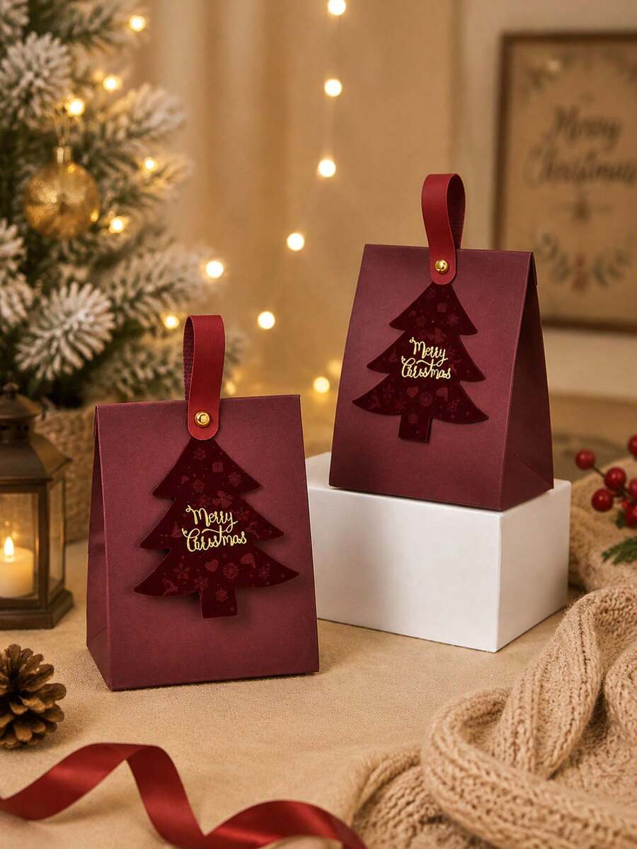 10pcs Merry Christmas Gift Bags, Red Christmas Tree Handheld Gift Bags, Holiday Candy & Snack Bags, Suitable For Christmas Party Gifts, Decoration And Packaging
