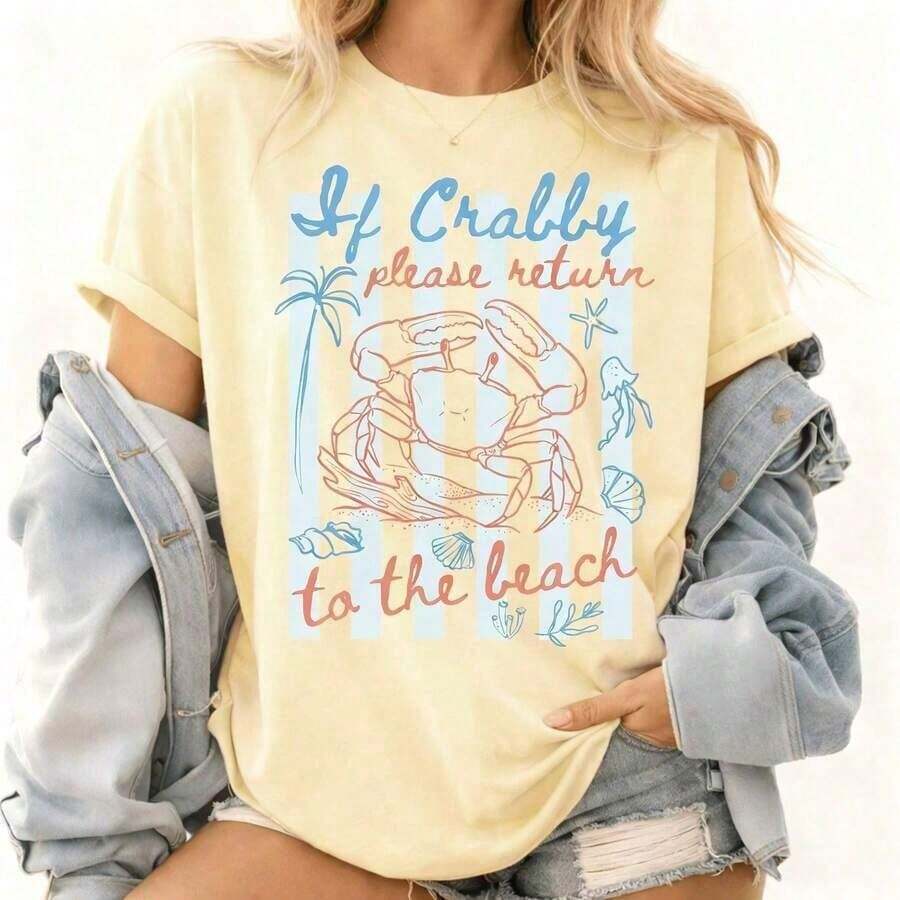 1 Piece Women's Graphic T-Shirt With "If You're In A Bad Mood, Please Go Back To The Beach" Print, 100% Cotton, Double-Sided Print, Casual Summer Style, Plus Size. | Clothing - 藍白色 - 查看 1