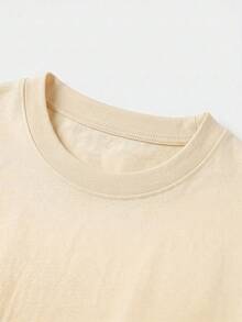 Navy Blue Pure Cotton Blouse, Round Neck, Short Sleeve, Summer Top With Sparkling Heart Design, Lightweight, Soft, Breathable, Casual Style, Ideal For Women - 杏色 - 查看 3