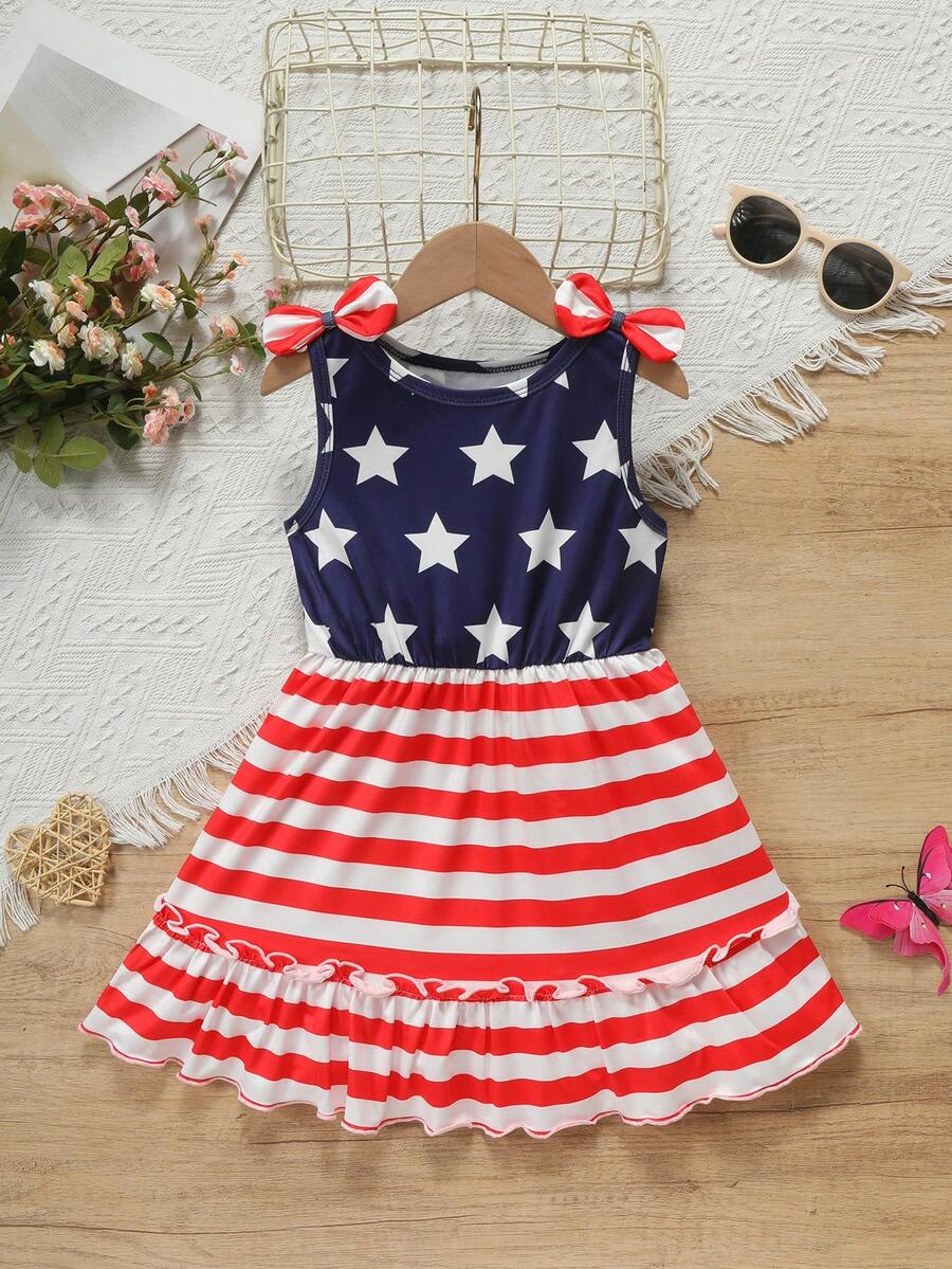 Young Girls' Independence Day Star Spangled Flag Print Bow Decor Dress, Suitable For Summer Outdoor Activities And Holiday Gifts - Blue - View 1
