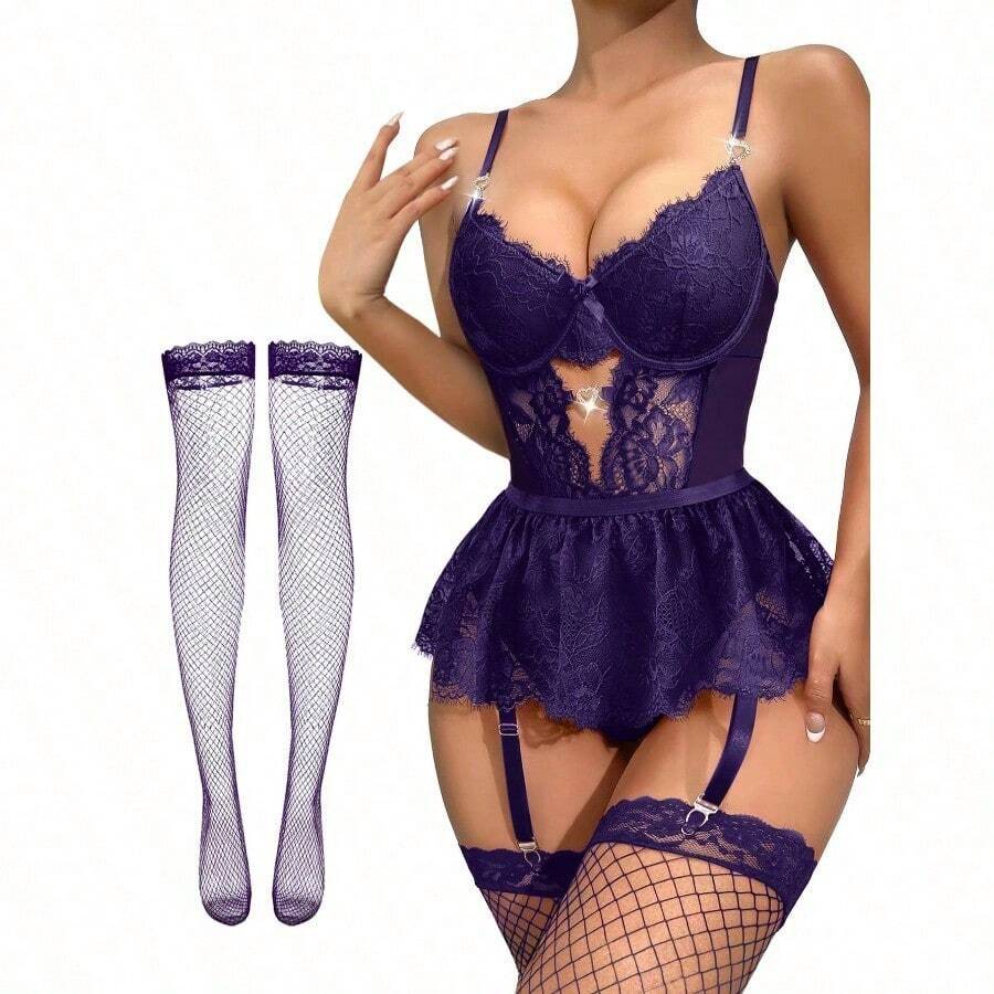 Lilosy Sexy Stocking Rhinestones Heart Garter Underwire Floral Mesh Lace Sheer Babydoll Lingerie Teddy Bodysuit Skirt Set - 深紫色 - 查看 1