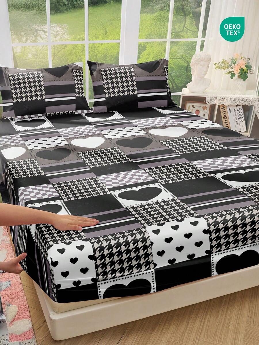 1 pieza Sábana ajustada suave, sin funda de almohada, sábana de cama, protector de colchón, funda de colchón amigable con la piel, patrón de corazón lindo para decoración del hogar, apta para camas de tamaño individual, doble, queen y king, certificada por Oeko-Tex