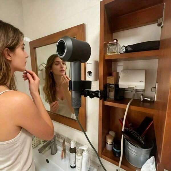 Storage Tool, Clip-On Hair Dryer Holder, Strong Spring Clip Can Be Fixed To Wooden Or Hard Surface Edges, Installation Without Drilling, Holder Clip With Anti-Slip Pad, Secure Hair Dryer Without Slipping, Adjustable Angle And Tightness, Suitable For Hair Styling, Dry Hair Care, Drying Bangs During Makeup, Portable Travel Use, Home Bathroom Scenes, Balancing Stability And Convenience