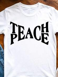 Camiseta de Cuello Redondo TEACH PEACE, Sencilla y Elegante, Transmite Energía Positiva, Estilo Casual con Patrón de Alfabeto, Tela Ligeramente Elástica, Perfecta para Hombres - Blanco - Ver 1