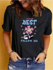2026 blusas para mujer Camiseta casual con estampado floral de dibujos animados para mujer - Negro - Ver 1