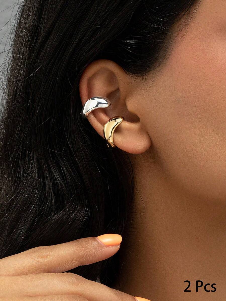 2pcs/Set Gold & Silver Minimalist Clip-On Earrings Set (For Women) - Multicolor - View 1