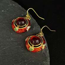 Vintage Royal Style Ruby Red Enamel Earrings, Niche Design Colorful Gemstone Embellished Ear Pendants - Red - View 5