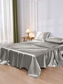 4pcs Light Gray Premium Solid Color Silky Satin Bedding Set, 1pc Fitted Sheet & 1pc Flat Sheet & 2pcs Pillowcases Mattress Protector Set (Pillow Inserts Not Included) - Light Grey - View 4