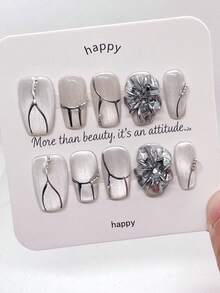 10Pcs Handmade Press On Nails Short Coffin, Luxury Elegant Metallic Silver White Cat Eye Hand Painted Line Rhinestone Flower Acrylic Fake Nails For Women Daily Wear Press On Nail Set - Follow Your Heart - View 4