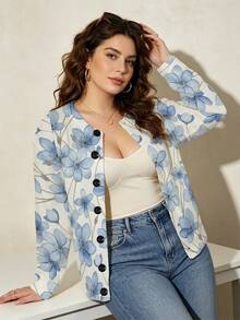 ASHKATIA Big Floral Pattern Women's Plus-Size Vintage Cardigan Sweater, Fall Winter Knit For Social Occasions - Multicolor - View 12