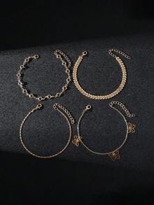 5pcs European And American Style Hollow Butterfly Pendant Anklet Set, Fashionable Minimalist Chain Anklet, Hawaiian Beach Chain - Gold 4-piece Butterfly Anklet - View 4