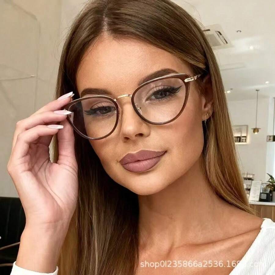 Y2K Cool Blue-Green Cat Eye Frame Glasses, Women's Non-Prescription Glasses Accessory - Black Gold - View 1
