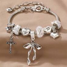 1pc Sweet Cool Style Silver Tone Beaded Bracelet With Cross, Bow, Heart Engraved Pendant, Silver Snake Chain, Adjustable Vintage Daily Versatile Accessory - Retro Heart Cross - View 5