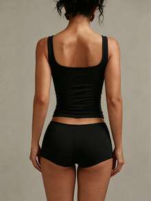 XLLAIS Women's Solid Color Square Neck Sleeveless Tank Top, Slim Fit Casual Wear, Black, Spring/Summer - Black - View 10