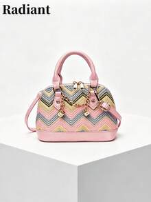Wavy Shell Bag, Bohemian Style, Color Block Patchwork Versatile Fashion Women's Handbag, Suitable For Vacation, Shopping And Dating - Pink - View 7