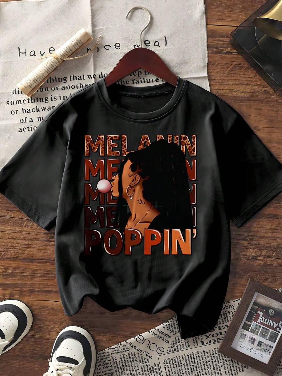 Unisex Kurzarm Grafik T-Shirt Melanin Herren Poppin' Muster Lässig Streetwear Oversized Tee - Schwarz - Übersicht 1