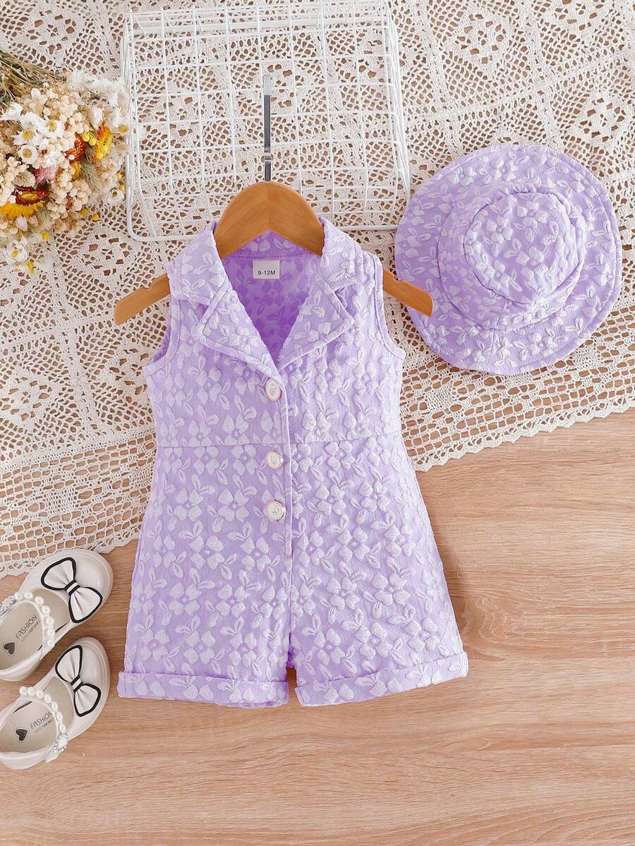 Bộ đồ liền thân áo vest hoa 3D dễ thương cho bé gái mùa hè và mũ bucket 2 món - Màu tím - Xem 1