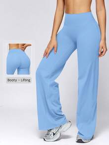 NcmRyu Celana Olahraga Wanita Model 1 Potong, Warna Polos, Pinggang Tinggi, Kontrol Perut, Potongan Lurus - Baby Blue - View 1