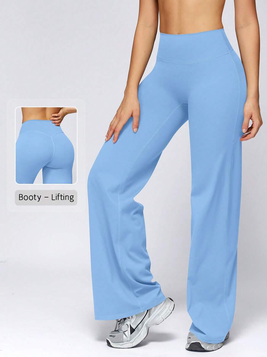 NcmRyu Celana Olahraga Wanita Model 1 Potong, Warna Polos, Pinggang Tinggi, Kontrol Perut, Potongan Lurus - Baby Blue - View 1