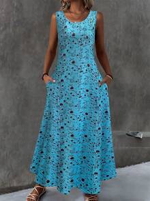Plus Size, Summer Women's Fashion Small Floral Print Sleeveless Vest Dress With Round Neck And Pockets, Casual Dress, Plus Size Women's Dress - 藍色 - 查看 1