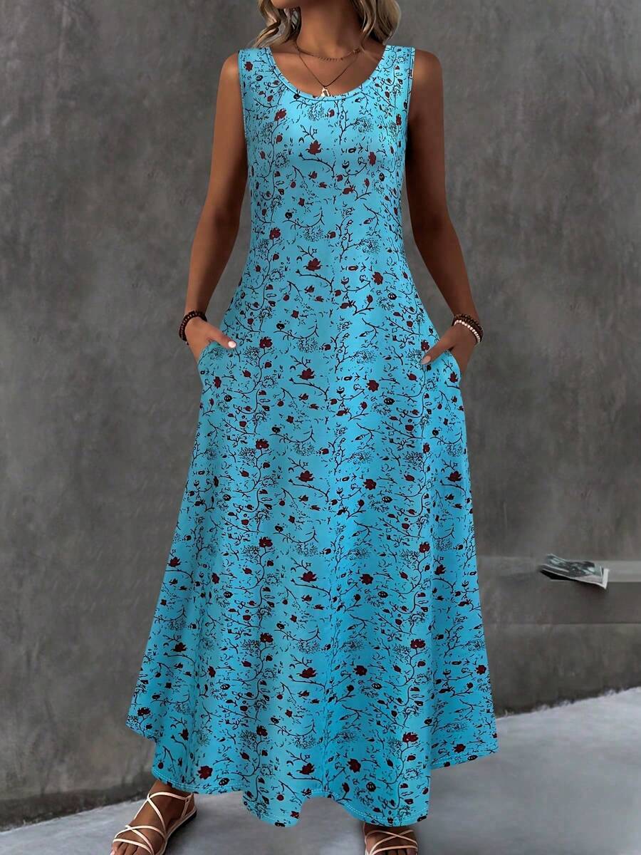 Plus Size, Summer Women's Fashion Small Floral Print Sleeveless Vest Dress With Round Neck And Pockets, Casual Dress, Plus Size Women's Dress - 藍色 - 查看 1