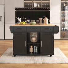 Dining Room Sideboard/Buffet 139 X 46 (71) X 91.5 Cm, Black Frame, Solid Wood Top With Wood Effect Finish, Drop-Leaf Top, Storage Door, Casters, Replaceable Solid Wood Legs, Ideal For The Dining Room And Kitchen. - Black - View 10