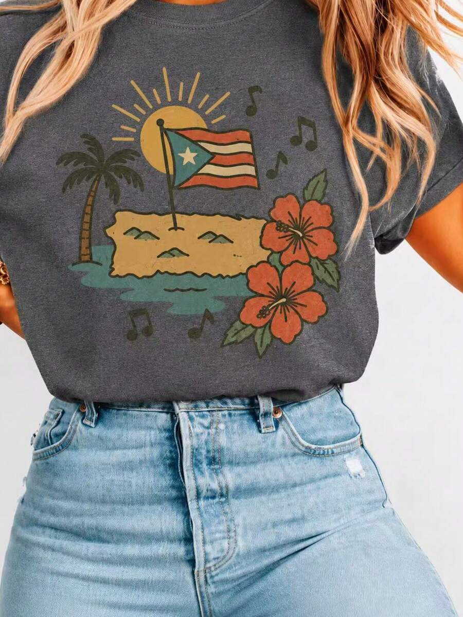 Women's Casual Cotton Short Sleeve Round Neck T-Shirt With Puerto Rico Island Graphic For Summer Outfits And Vacay - 深灰色 - 查看 1